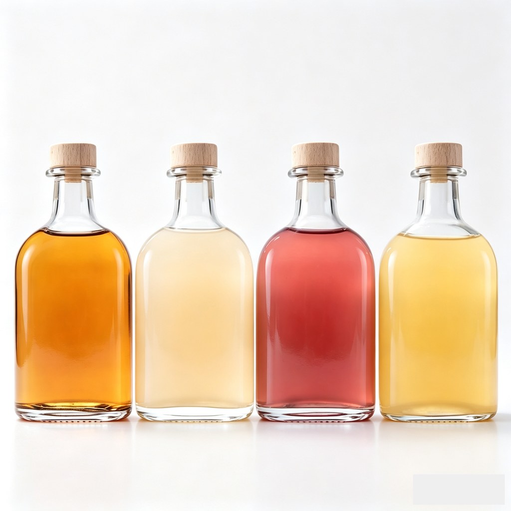 Glass beverage bottles in green red yellow blue