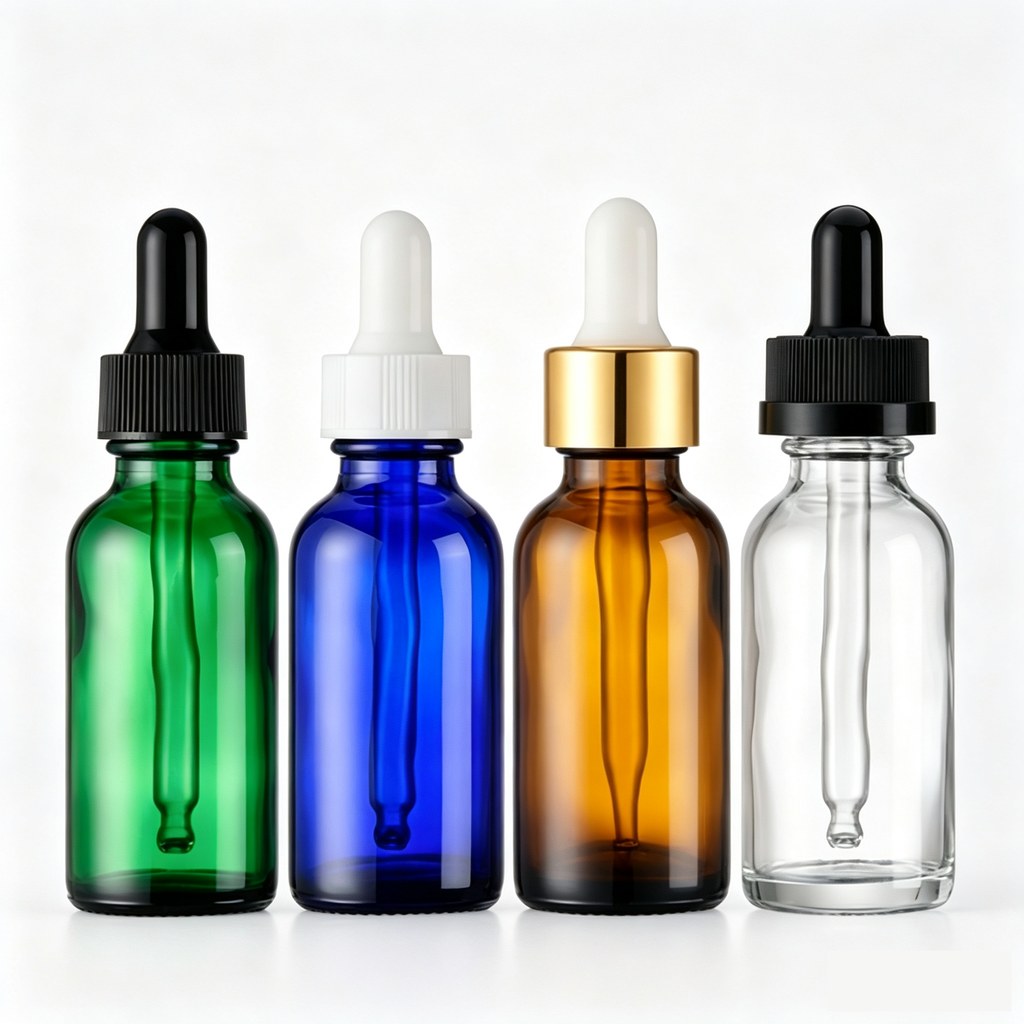 Glass dropper bottles in green blue amber clear