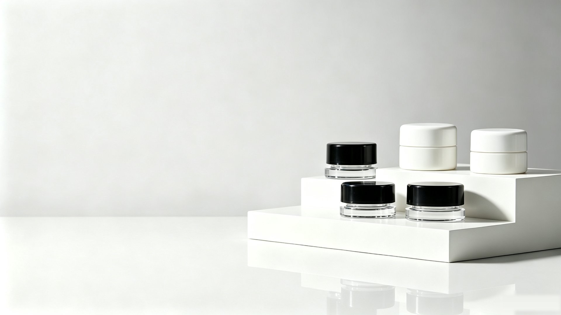 Glass concentrate jars مع black و white child-resistant caps arranged on white pedestals in light studio setting