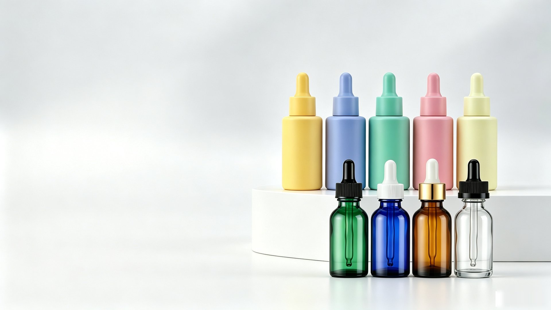 Glass قطارة bottles in amber, cobalt, clear و pastel colors مع white و gold caps arranged on white pedestal