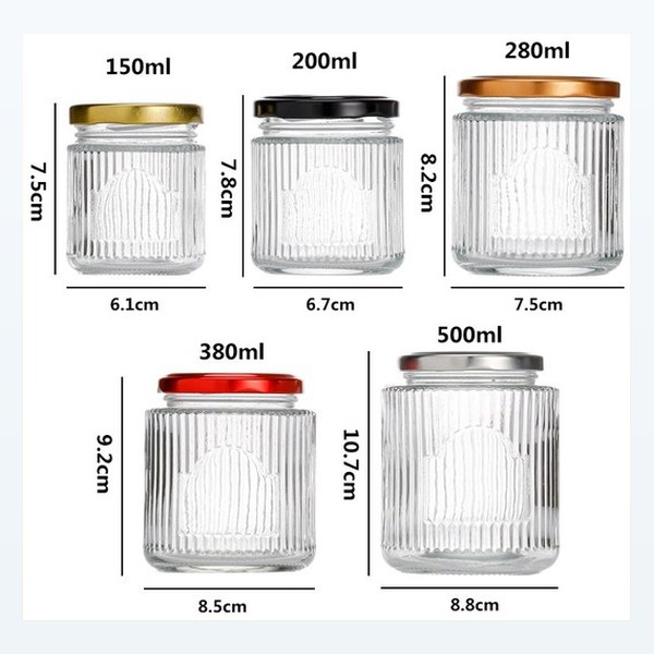 <bdi>150/200/280/380/500ml</bdi> ribbed round glass food jar jam & sauce jar مع twist lid — wholesale glass packaging from Eaglebottle China factory