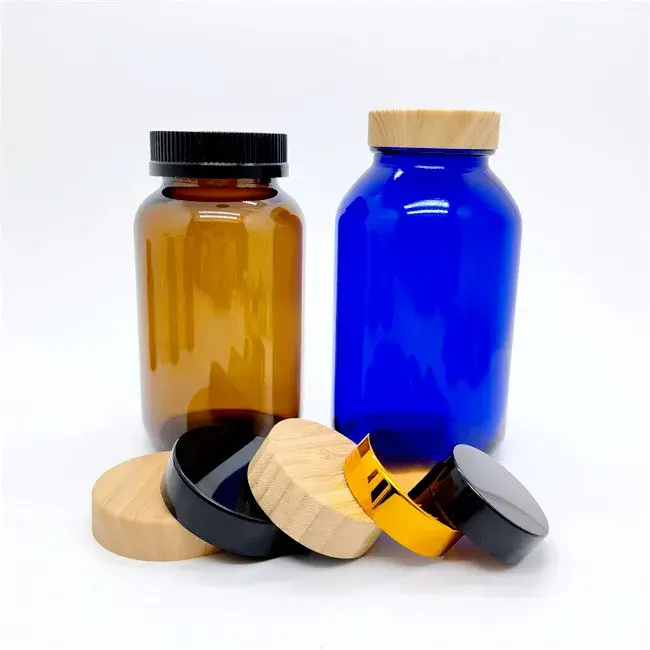 Wide Mouth 100CC Čirá jantarově modrá Frosted Pilulka Supplement Capsule Skleněná lahvička s plastovým uzávěrem 100 ml pro použití ve zdravotnictví