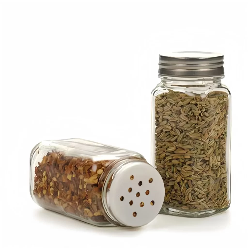 Toples Bumbu Kaca Persegi 4Oz 120Ml Langsung dari Pabrik dengan Tutup Logam Kedap Udara Wadah Bumbu Kosong Pot Pengocok Termasuk Label Bumbu Makanan